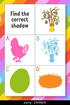 Suchen Sie den richtigen Schatten. Ostermotiv. Arbeitsblatt zur Entwicklung von Bildungsmaßnahmen für Kinder. Puzzlespiel. Aktivität". Zeichentrickfigur. Vektorabbildung. Stock Vektor