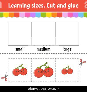 Lerngrößen. Schneiden und Leimen. Einfaches Level. Arbeitsblatt zur Farbaktivität. Spiel für Kinder. Cartoon-Charakter. Vektorgrafiken. Stock Vektor
