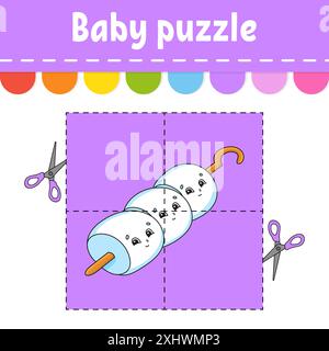 Baby Puzzle. Einfache Ebene. Flash-Karten. Schneiden und spielen. Arbeitsblatt für Farbaktivität. Spiel für Kinder. Zeichentrickfigur. Stock Vektor
