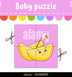 Baby Puzzle. Einfache Ebene. Flash-Karten. Schneiden und spielen. Arbeitsblatt für Farbaktivität. Spiel für Kinder. Zeichentrickfigur. Stock Vektor