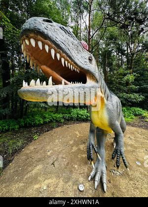 Realistische Figur eines Allosaurus-Dinosaurier-Waldparks in Kazimierz Sosnowiec. Prähistorische Raubtiere schaffen ein faszinierendes Element der Landschaft, A Stockfoto