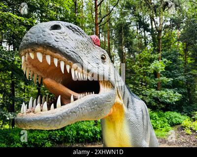 Realistische Figur eines Allosaurus-Dinosaurier-Waldparks in Kazimierz Sosnowiec. Prähistorische Raubtiere schaffen ein faszinierendes Element der Landschaft, A Stockfoto