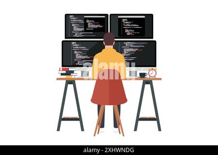 Programmiergerät arbeitet am Schreiben von Code auf Computer isoliert auf weißem Hintergrund. Moderner Arbeitsplatz. Vektorabbildung Stock Vektor