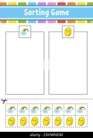 Sortierspiel für Kinder. Schneiden und kleben. Arbeitsblatt zur Entwicklung von Bildungsmaßnahmen. Passendes Spiel für Kinder. Seite „Farbaktivität“. Puzzle für Kinder. Niedlicher Charakter. Stock Vektor