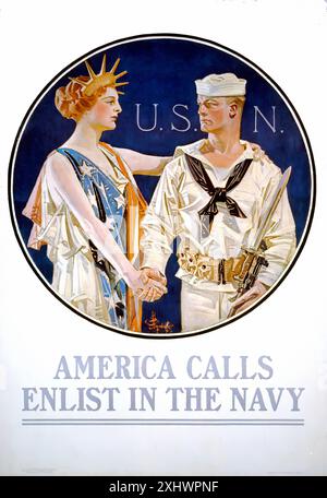 LEYENDECKER J-C (Joseph Christian, 1874-1951). Amerika ruft an, meldet euch bei der Navy an, 1917. - Vintage-Illustration Stockfoto