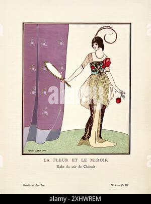 BRUNELLESCHI Umberto La Fleur et le miroir Gazette du Bon Ton 1912 - Vintage-Druck im Jugendstil Stockfoto