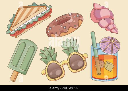 Sommer Strand Picknick Essen und Zubehör Set isoliert auf Hintergrund. Zeitgenössische Vektor-Karikaturillustration von Gemüse Sandwich, süßen Schokolade Donut, Eis, Cocktailglas, Sonnenbrille, Schalenelement Stock Vektor