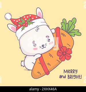 Süßes Weihnachtskaninchen mit Weihnachtsmütze mit Geschenk, große Karotte. Lustige Karikatur-Kawaii-Tierfigur. Vektorabbildung. Coole festliche Karte. Kinder-Sammlung Stock Vektor