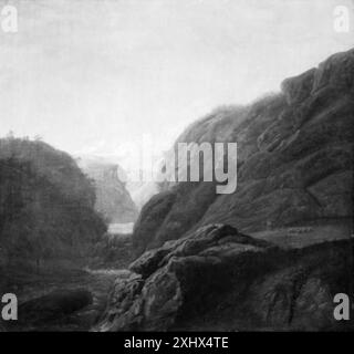 Gemälde von Johan Christian Dahl (1788–1857), das eine norwegische Landschaft mit einem Fluss und einem Wasserfall darstellt, der zwischen Felsformationen fließt, mit Bäumen, Vegetation und natürlicher Landschaft. Stockfoto