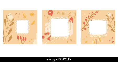 Naive Hintergründe mit Rahmen festgelegt. Bannerset für Herbstbanner und Einladungsvorlagen mit Rand- und Kopierbereich. Illustration der Vektorabwicklung. Stock Vektor