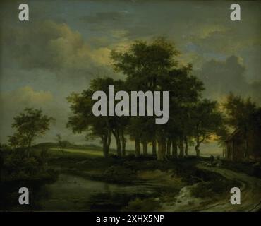Ein Gemälde von Jacob van Ruisdael, das abends Eichenbäume in der Nähe einer Straße zeigt und Bäume, Straßenlandschaft und stimmungsvolles Licht in der niederländischen Landschaftskunst des 17. Jahrhunderts betont. Stockfoto