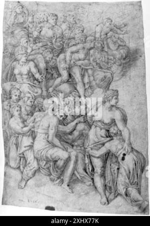 Der sogenannte „Chor von Sibyls“ und die Ecclasia-Gruppe oben links vom Jüngsten Gericht, Sixtinische Kapelle Buonarroti, Michelangelo 1475–1564 Zeichnung mittelitalienischer Zeichnungen: Schulen von Florenz, Siena, die Marken und Umbrien. Italienische Zeichnungen in der Abteilung für Drucke und Zeichnungen, Statens Museum for Kunst, Chris Fischer, Nr. 215, S. 298-299, afb. S. 297, k2002-001, 2001 der sogenannte „Chor of Sibyls“ und die Ecclasia-Gruppe oben links vom Jüngsten Gericht, Sixtinische Kapelle Stockfoto