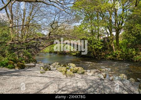 Steinbogenbrücke über den Fluss Derwent im Frühjahr Longthwaite Borrowdale Valley Lake District Nationalpark Cumbria England Großbritannien Stockfoto