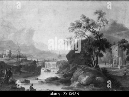 Landschaft mit Brücke über einen Fluss Ubekendt, KMS 3051 1698 - 1798 Gemälde Landschaft mit Brücke über einen Fluss Stockfoto