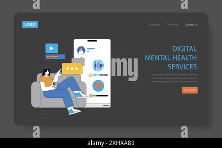 Digital Mental Health Services Konzept. Eine Illustration, die einen Online-Therapiedienst mit einer Person zeigt, die ein Smartphone verwendet. Telemedizin, Wohlbefinden und moderne Gesundheitsversorgung. Vektorabbildung. Stock Vektor