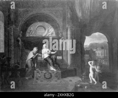 Gemälde von Gerard de Lairesse mit den mythologischen Figuren Semele und Juno, die Figurenkomposition, Vorhänge und klassische Ikonographie im flämischen Stil des 17. Jahrhunderts zeigen. Stockfoto