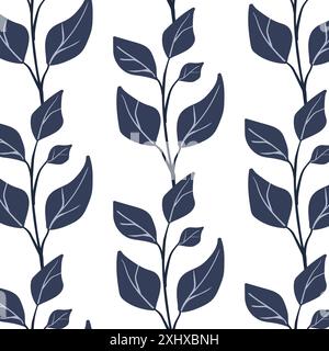 Botanisches nahtloses Muster. Einfache Anlage. Silhouette eines Zweiges, einer Pflanze. Weißer Hintergrund. Ornament im skandinavischen Stil zum Einpacken von Papier, Textilien. Stock Vektor