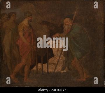 Gemälde von Nicolai Abildgaard, das Odysseus darstellt, der den Propheten Teiresias in Homers Odyssee konsultierte und Figuren, Gesten und Erzählszene zeigt. Stockfoto