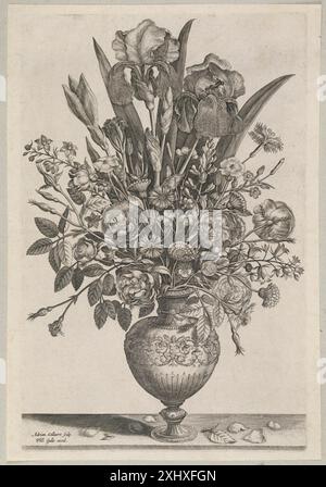 Kupferstich von Adriaen Collaert und Philips Galle, der eine Blumenkomposition mit Iris darstellt, Teil niederländischer und flämischer Radierungen und Stiche von 1450 bis 1700, dokumentiert in den Sammlungen der New Hollstein und Collaert Dynastie. Stockfoto
