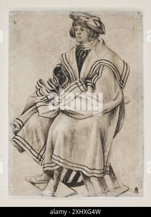Zeichnung von Hans Holbein dem Älteren (1460–1524) mit einem jungen Mann, der als Gelehrter gekleidet ist, auf einem Klappstuhl sitzt und Haltung, Kostüm und Figurenstudium in der deutschen Renaissance betont. Stockfoto