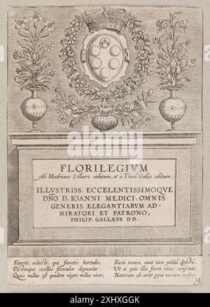 Kupferstich von Adriaen Collaert und der Familie Galle mit einem Titelschild mit ornamentalem Design, Inschriften und flämischem Stich aus dem 16. Bis 17. Jahrhundert. Stockfoto
