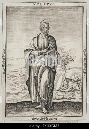 Dieser Kupferstich von Nicolaes de Bruyn zeigt den Heiligen Peter und zeigt seine Gesichtszüge, Kleidung und religiösen Symbole in der europäischen Kunst des 17. Jahrhunderts. Stockfoto