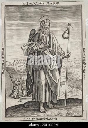 Ein Kupferstich von Nicolaes de Bruyn zeigt Sankt Jakob den Älteren mit heiligen Attributen, Kleidung und traditioneller religiöser Ikonographie. Stockfoto