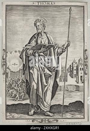 Ein Kupferstich von Nicolaes de Bruyn, der Sankt Thomas zeigt und die Figur in historischer Kleidung mit detaillierter Linienarbeit und künstlerischer Komposition zeigt. Stockfoto