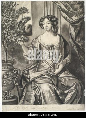 Zeichnung von Thomas Watson nach Sir Peter Lely, die Lady Elisabeth Jones in der Hand mit Blumen zeigt, Gesichtsausdruck, Kleidung und florale Details zeigt. Stockfoto