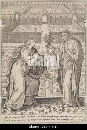 Kupferstich von Adriaen Collaert und der Familie Galle, in dem Christus und Ecclesia in einem Garten dargestellt werden, mit religiösen Figuren, Bäumen, Blumen und flämischem Stil aus dem 16. Bis 17. Jahrhundert. Stockfoto
