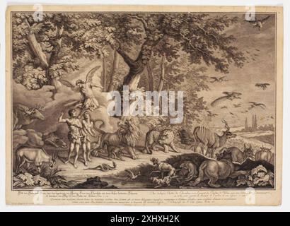 Kupferstich von Johann Elias Ridinger (1698–1767), der die Vertreibung von Adam und Eva aus dem Paradies zeigt, Figuren, Engel und die Gartenlandschaft in deutscher Druckerei des 18. Jahrhunderts. Stockfoto