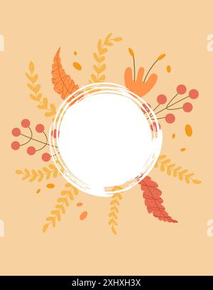 Naiver Hintergrund mit kreisförmigem Rahmen. Herbstbanner und Einladungsvorlage mit Blättern, Blume und Rand sowie Kopierraum. Vektorhandgezeichnetes Illustrat Stock Vektor