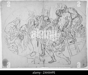 Die Abschrift ist in einer Zeichnung von Luca Giordano (1634–1705) und Francesco Solimena (1657–1747) dargestellt, in der Christus vom Kreuz mit Figuren in barocker Komposition in neapolitanischer Kunst herabgelassen wird. Stockfoto