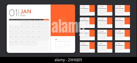 Kalendervorlage 2025 kreativ Minimum Business monatlich. Schreibtisch, Wandkalender zum Drucken, digitaler Kalender oder Planer. Woche beginnt am Montag. Einfache Mod Stock Vektor