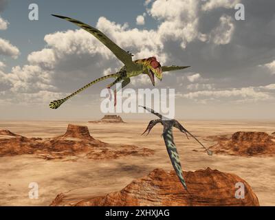 Pterosaurier Peteinosaurus und Rhamphorhynchus über einer Wüstenlandschaft Stockfoto