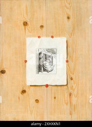 Trompe l'oeil. Brett mit Ätzung eines Mannes mit einer Pfeife Drost, H. 1600 - 1600 Gemälde niederländisches Stillleben aus dem 16. Bis 18. Jahrhundert in dänischen Sammlungen, Poul Gammelbo, Nr. 271 (afb.), 91-136, 1960. Illusionen: Gijsbrechts, Olaf Koester, S. 238 Kat.Nr. 43 (afb.), forbyttet med KMS3019., 99-432, 1999. Prenten in de Gouden Eeuw van Kunst tot kastpapier, Jan van der Waals, Kat. Nr. Nr. 6, S. 27 afb. og omt., k2006-035, 2006 Trompe l'oeil. Brett mit dem Ätzen eines Mannes mit einer Pfeife Stockfoto