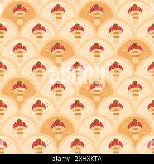 Pilz mit nahtlosem Schneckenmuschel-Muster. Hintergrund für Wiederholung des Fliegenbogens. Ungenießbare Pilze im endlosen Retro-Design. Vektor handgezeichnete Illustraten Stock Vektor