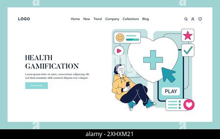 Gesundheitsgamification-Konzept. Ansprechende Illustration, die die Verschmelzung von Elementen des Gesundheitswesens und interaktiven Spielen zeigt. Digitale Wellness-Motivation. Vektorabbildung. Stock Vektor