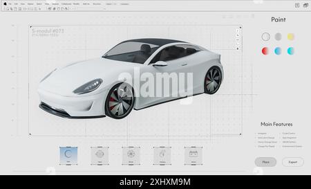 Light Interface Mockup einer professionellen CAD-Computersoftware mit Projektbearbeitung eines modernen Sportwagens. Modell eines futuristischen Superauto-Elektrofahrzeugs. Umweltfreundliche Energiebetriebene Technologie. 3D-Rendering Stockfoto