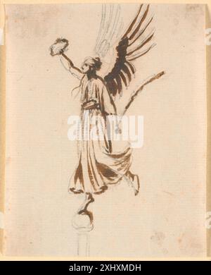 Eine Zeichnung von Nicolai Abildgaard, die eine geflügelte Victoria zeigt, die einen Siegeskranz hält. Das Werk betont klassische Symbolik, Figurenkomposition und dekorative Details. Stockfoto