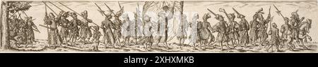 Kupferstich von Jan Theodor de Bry, der einen Soldatenzug mit einem zentralen Fächerträger zeigt, der Formation, Uniformen, Flaggen und militärischen Kontext zeigt. Ende des 16. bis Anfang des 17. Jahrhunderts Niederlande. Stockfoto