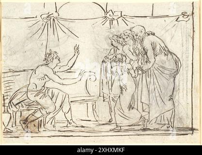 Eine Zeichnung von Nicolai Abildgaard (1743–1809), die einen sitzenden gekrönten Helden zeigt, der vier Figuren, darunter ein Kind und einen älteren Mann, in einem antiken Setting zeigt. Stockfoto