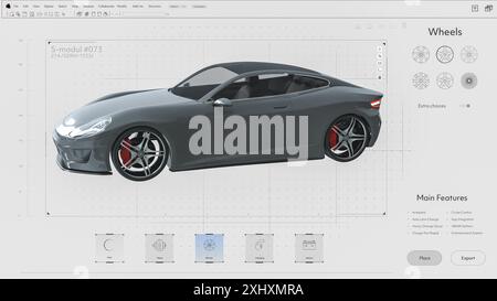Light Interface Mockup einer professionellen CAD-Computersoftware mit Bearbeitung eines Projekts eines Sportwagens. Graues Modell eines futuristischen Super Car Elektrofahrzeugs. Umweltfreundliche Energiebetriebene Technologie. 3D-Rendering Stockfoto