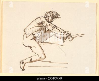 Eine Zeichnung von Nicolai Abildgaard, die einen sitzenden Mann zeigt, der einen Strumpf anzieht und sich auf Körperhaltung, Anatomie und Kleiderfalten konzentriert, entstand zwischen 1743 und 1809. Stockfoto