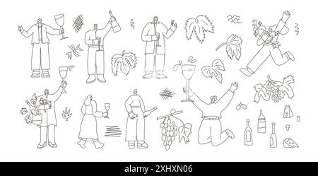 Weinliebhaber mit Flaschen, Gläsern und Weinreben-Doodle-Set. Vektor Hand gezeichnete Sammlung Illustration isoliert auf weißem Hintergrund. Stock Vektor