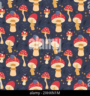 Ungenießbare Pilze nahtloses Muster. Hintergrund für Wiederholung von Fliegenpilzen. Handgezeichnete Vektorgrafik. Stock Vektor