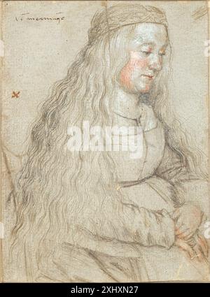 Zeichnung von Hans Holbein dem Älteren (1460–1524), die eine sitzende Braut mit fließendem Haar und Haarreif zeigt, die Haltung, Frisur und Kleidung in einer Renaissancefigurenstudie betont. Stockfoto