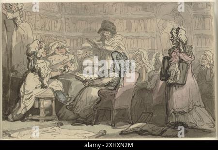 Zeichnung von Thomas Rowlandson, die ein Treffen des Bluestocking Clubs in einer Bibliothek darstellt. Stockfoto