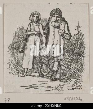 Holzschnitt von Johan Thomas Lundbye mit einem alten Mann und einer jungen Frau, dänischer Druck aus dem 19. Jahrhundert, der menschliche Figuren und häusliche Interaktion veranschaulicht. Stockfoto