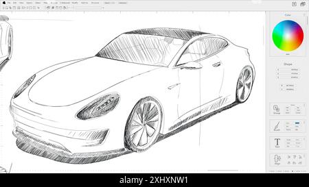 Light Interface Mockup einer professionellen Illustrations-Computersoftware mit Sketch Design eines Sportwagens. Vergrößern Sie die Fahrzeugzeichnung, um Endlinien hinzuzufügen. Produktionsprozess Für Elektrofahrzeuge. 3D-Rendering Stockfoto